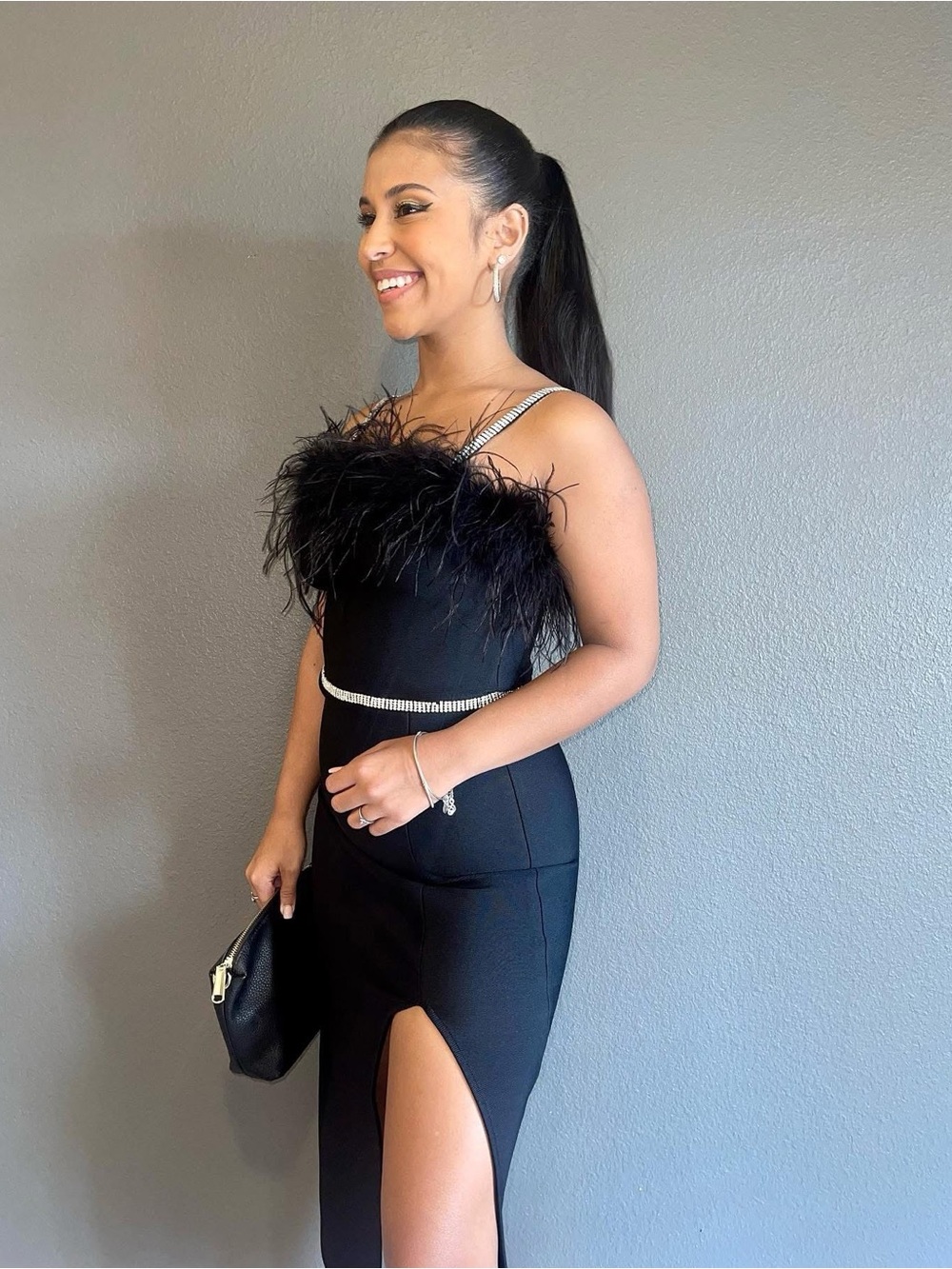 Black Feather-Trim Midi Dress with Rhinestone Straps